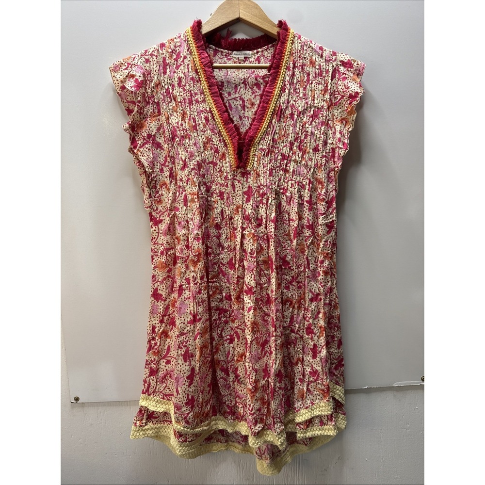 Poupette St Barth SASHA Mini Dress Size Large Pink Yellow Floral Flutter Sleeve
